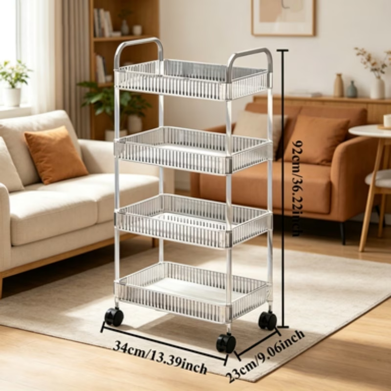 Portable storage cart, transparent acrylic design, 360° swivel wheels