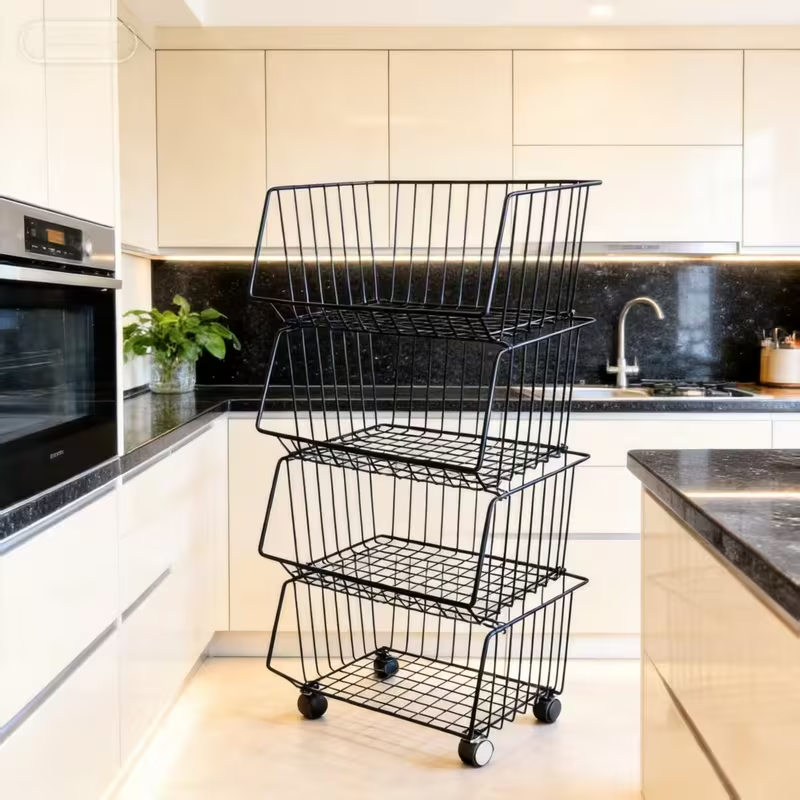 Multi-tier floor-standing storage rack with small trolley and storage basket.