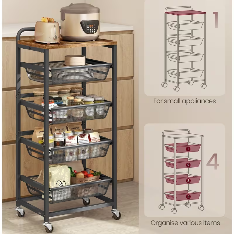 Storage trolley, five-tier kitchen trolley, with wheels and handles.