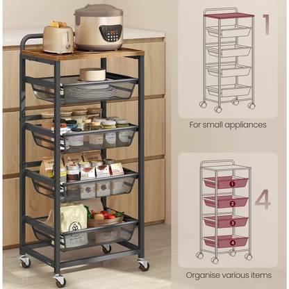 Storage trolley, five-tier kitchen trolley, with wheels and handles.