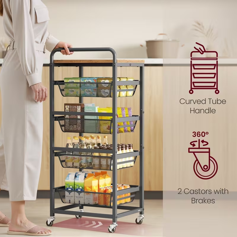 Storage trolley, five-tier kitchen trolley, with wheels and handles.