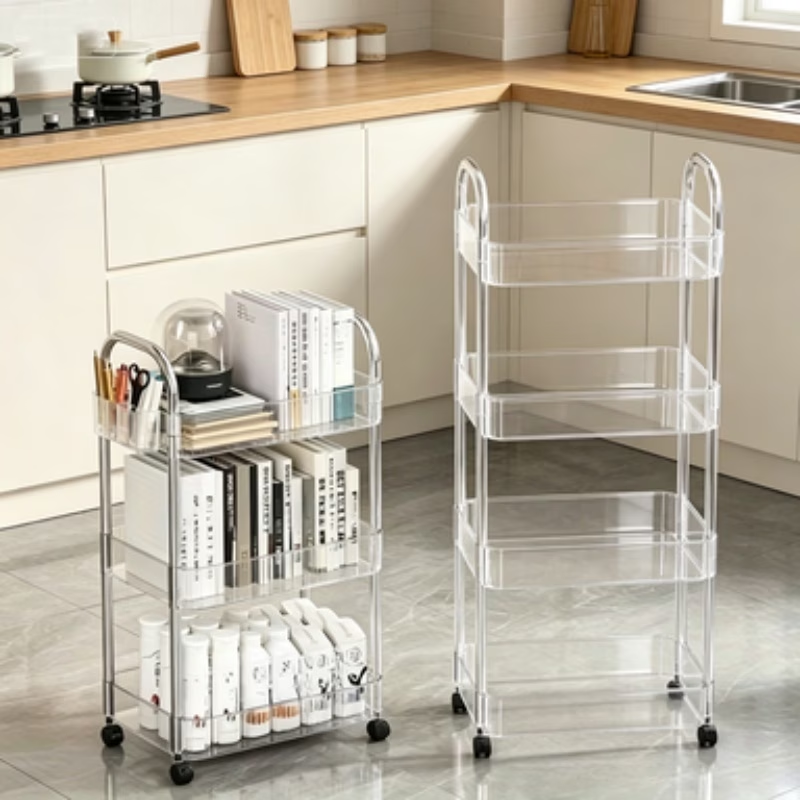 Portable storage cart, transparent acrylic design, 360° swivel wheels
