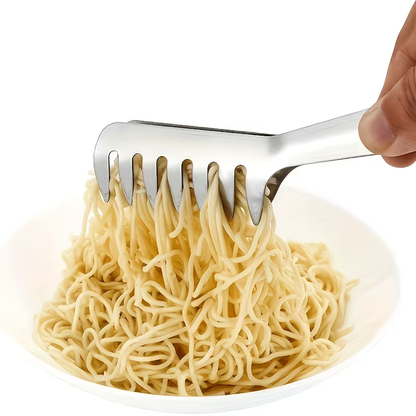 Stainless steel pasta tongs, suitable for buffets and family meals.