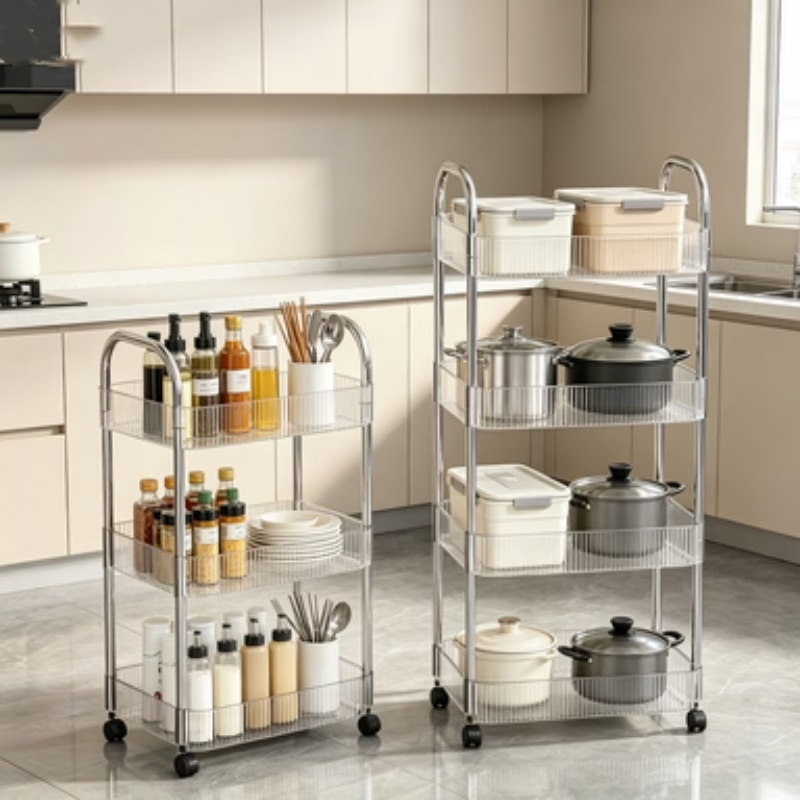 Portable storage cart, transparent acrylic design, 360° swivel wheels