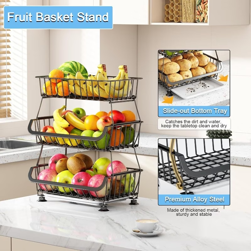Three-tier rolling floor-standing storage rack; stackable storage trolley