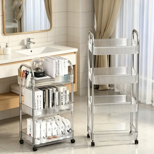 Portable storage cart, transparent acrylic design, 360° swivel wheels